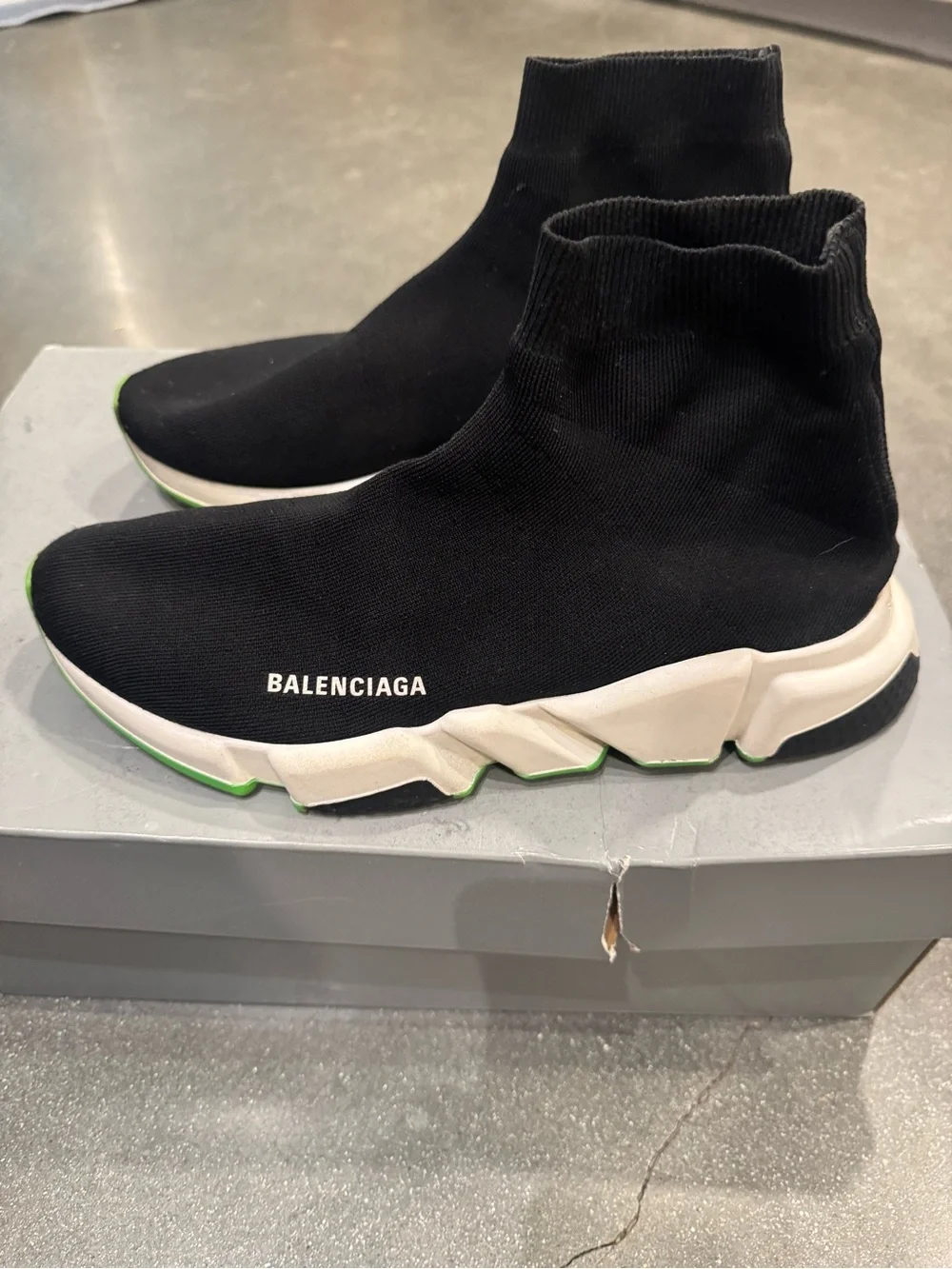 Balenciaga Black Sock-Style Speed Trainers with Green Accents